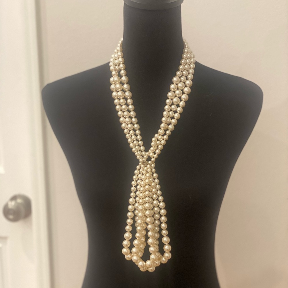 Chanel B14 White Faux Pearl Multi-Stranded Lavaliere CC Necklace